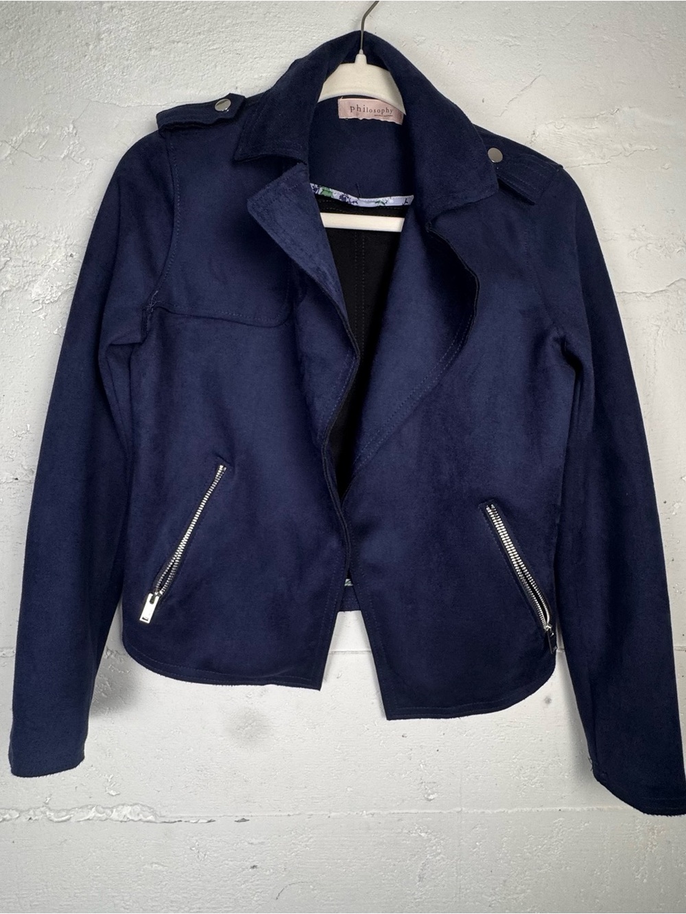Philosophy Navy Faux-Suede Moto Jacket Women Small Medium